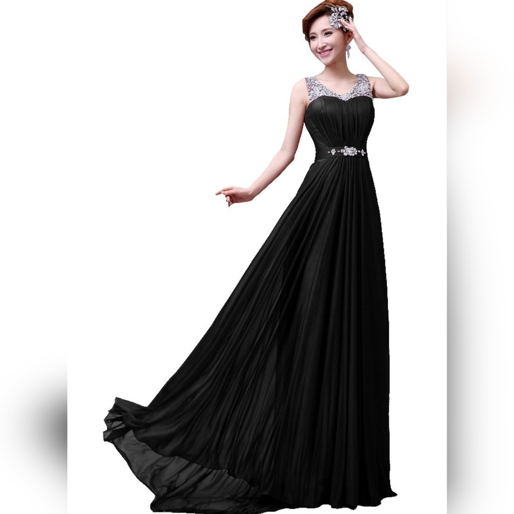 Scoop Neck Sweep Train Beaded Chiffon Dress